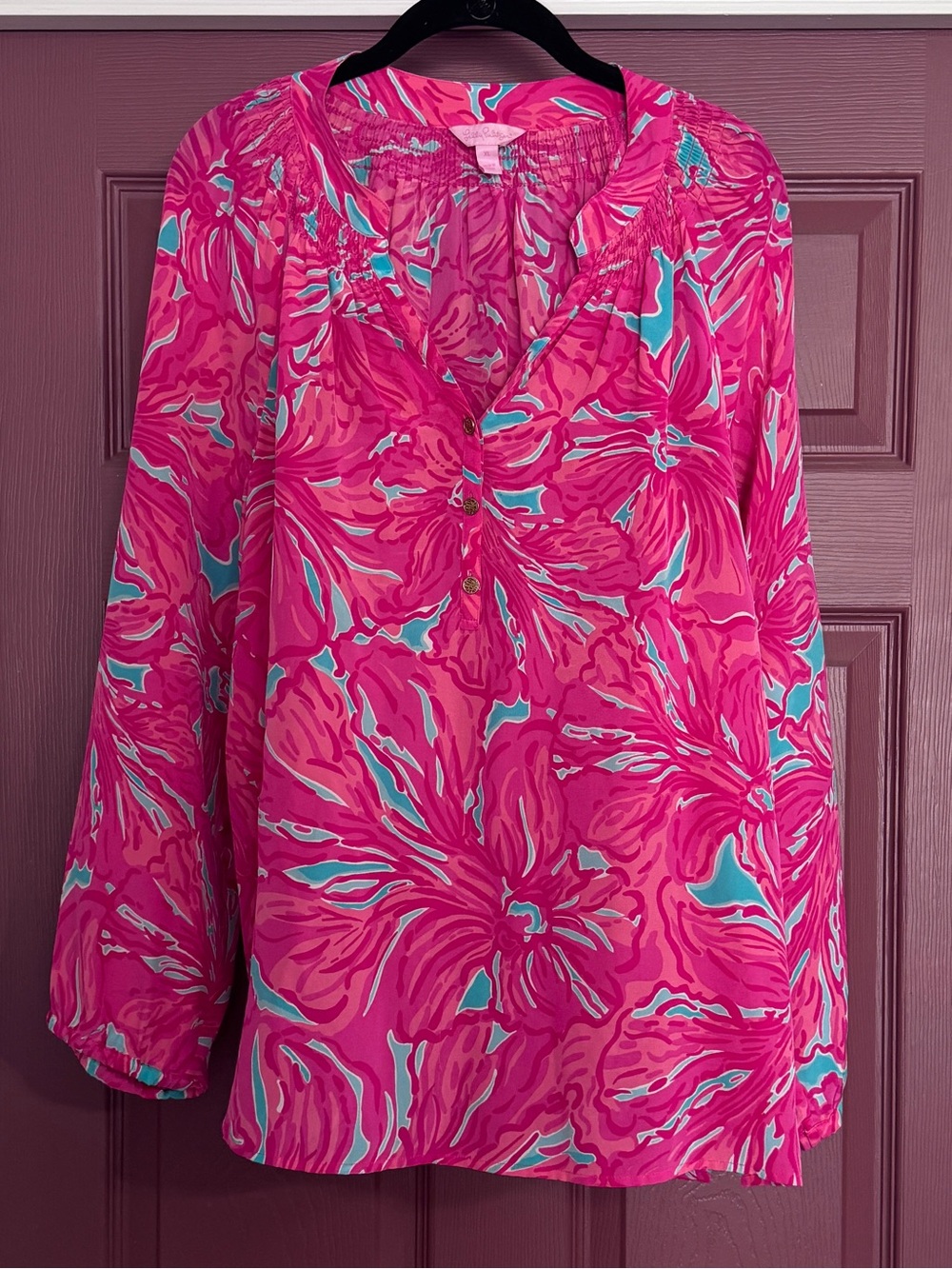 Lilly Pulitzer Hot Pink Floral V-Neck Tunic Blouse